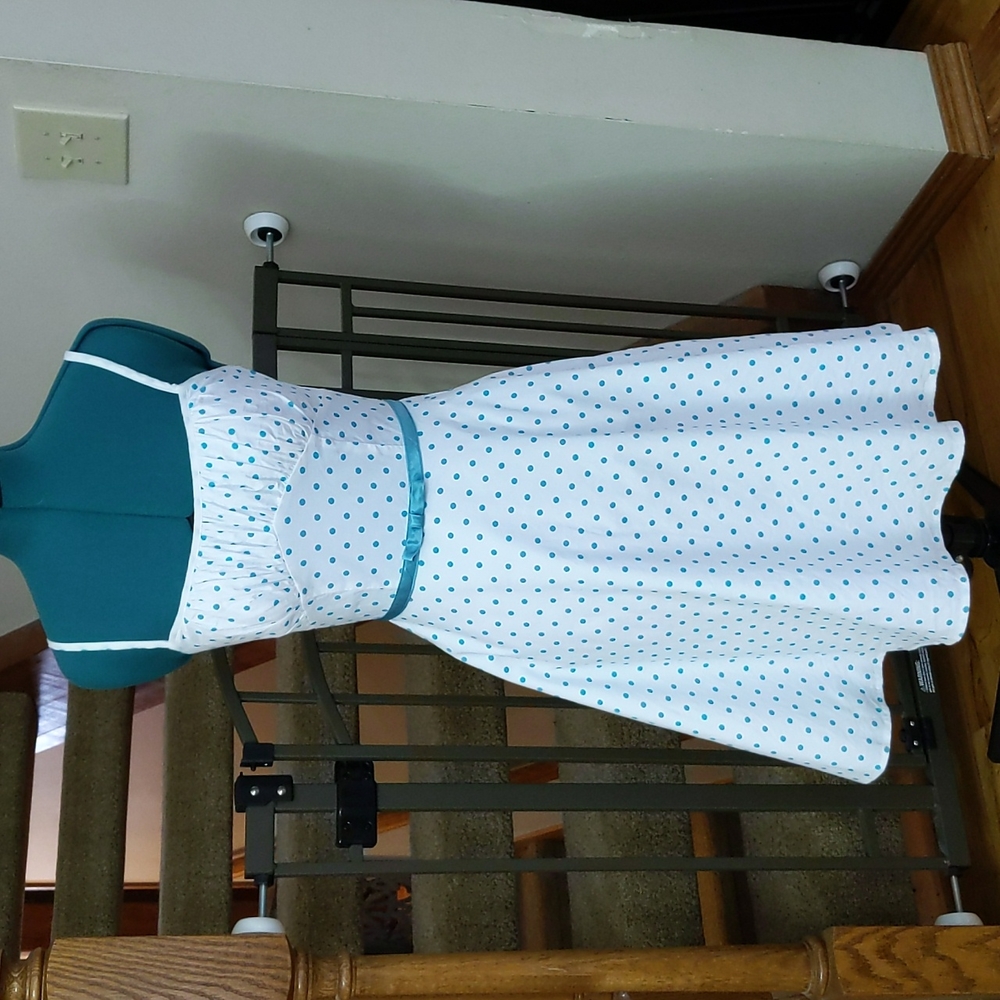 Blue and white polka dot dress